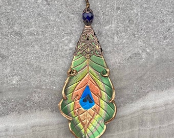 Shimmering peacock feather pendant necklace, made from hand painted and tooled leather. Boho style 3rd anniversary gift for wife (medium).