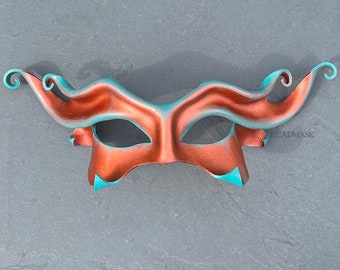 Horned leather masquerade mask with aged metal verdigris copper effect. Handmade half mask for LARP cosplay, Halloween costume or ren faire.