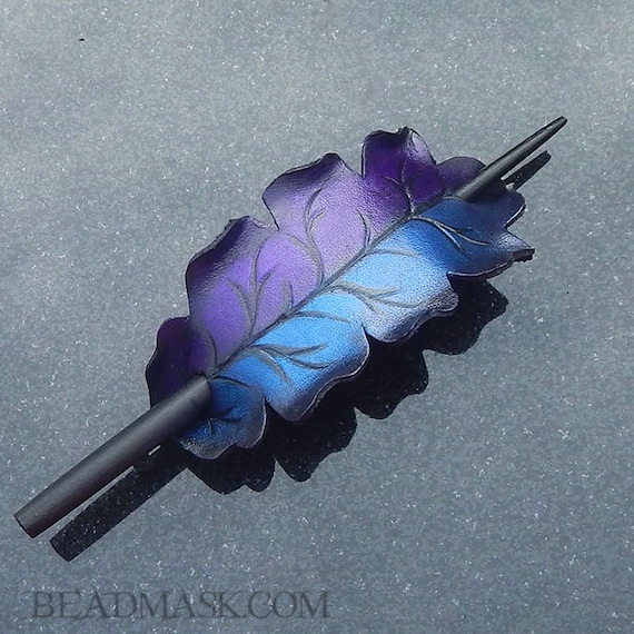 Fantasy oak leaf leather hair slide: stick barrette in black with shimmering indigo and violet.