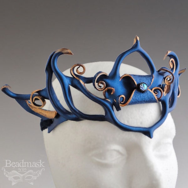 Sculpted Leather Crown With Vintage Glass Jewel - Indigo And Bronze