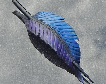 Fantasy raven feather hair slide in shimmering purple, indigo blue & black. Leather shawl pin or hair stick barrette for messy bun or updo.