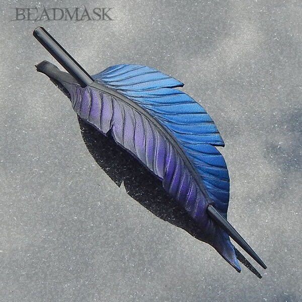 Fantasy raven feather hair slide in shimmering purple, indigo blue & black. Leather shawl pin or hair stick barrette for messy bun or updo.