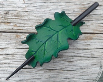 Green leaf leather barrette with hair stick. Summer oak leaf woodland accessory for long hair. Nature inspired 3rd anniversary gift.