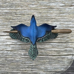 Tooled leather raven hair pin or stick barrette with wooden hairstick. Iridescent crow hair accessory, corvidcore gift for bird watcher. image 5