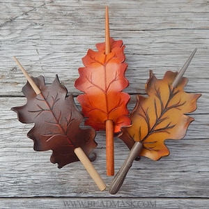 Autumn oak leaf leather hair stick barrette in your choice of brown, orange or gold. Woodland hair slide for tree huggers, nature lover gift image 1