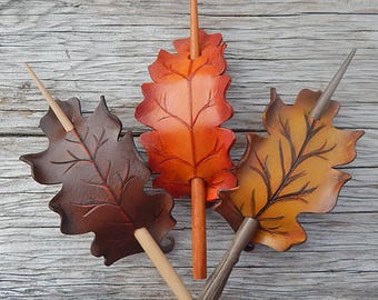 Autumn oak leaf leather hair stick barrette in your choice of brown, orange or gold. Woodland hair slide for tree huggers, nature lover gift