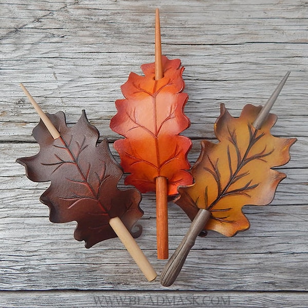 Autumn oak leaf leather hair stick barrette in your choice of brown, orange or gold. Woodland hair slide for tree huggers, nature lover gift