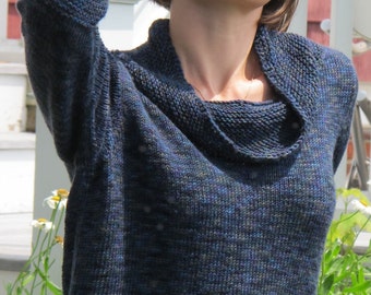 Comfy Cowl Neck Pullover, knitted in stockinette stitch from the bottom up with knitted in or sewn in cap sleeves.  PDF knitting pattern
