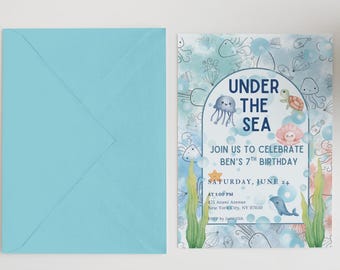 Unter dem Meer-Geburtstagsfeier-Einladung - Jungen-Geburtstagsfeier-Einladung - Geburtstagseinladung - Bearbeitbare Vorlage