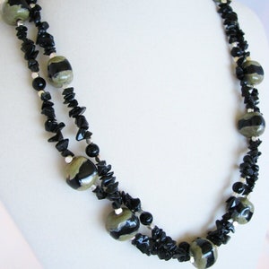Jet Gemstone Chips Kazuri Ceramic Sterling Silver Long Beaded Necklace and Earring Set
