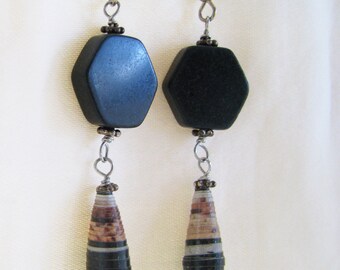 Black Hexagon and Paper Earrings