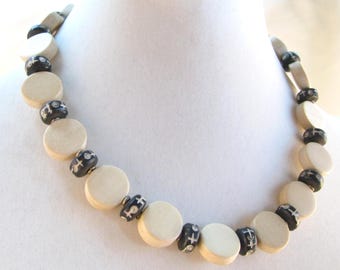 Blonde Wood and Carved Bone Beaded Necklace and Earring Set