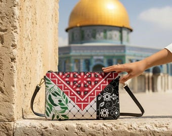Pali Pride Crossbody Bag | Tatreez Faux Leather Heritage Purse | Palestinian Olive Keffiyeh Design