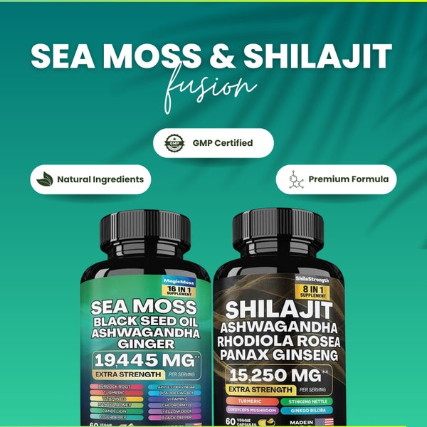 Paquete de musgo marino y shilajit: musgo marino 7000 mg, aceite de semilla negra 4000 mg, ashwagandha 2000 mg, jengibre y shilajit 9000 mg, todo en uno