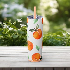 Peach Delight 20oz Skinny Tumbler with Straw, Summer Drinkware, Peach Orange Print Travel Mug, Eco-Friendly Gift, Gift for Her Coworker