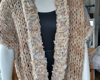 Chunky knit oversize vest style jacket in beige tweed texture accents  fits most large and extra large and some plus women