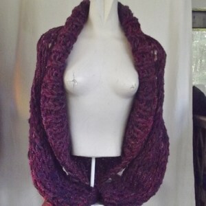Chunky knit shrug crop cardigan sweater with shawl collar long sleeves fits most medium and large women in dark raspberry red tweed image 2