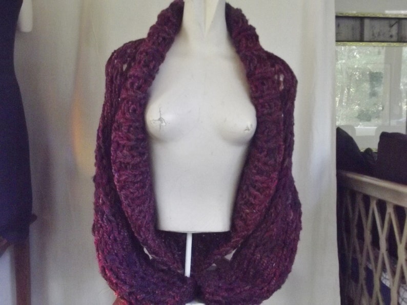 Chunky knit shrug crop cardigan sweater with shawl collar long sleeves fits most medium and large women in dark raspberry red tweed image 2