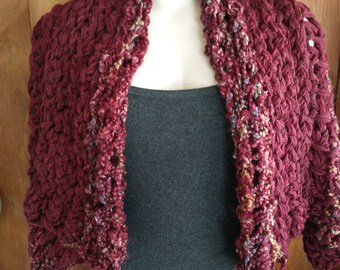 2 way shoulder wrap or lap rug chunky knit in maroon with striped accent one size fits most women