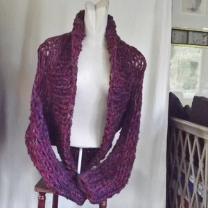 Chunky knit shrug crop cardigan sweater with shawl collar long sleeves fits most medium and large women in dark raspberry red tweed image 3