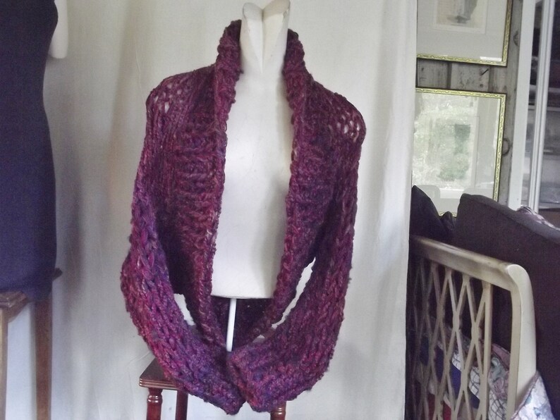 Chunky knit shrug crop cardigan sweater with shawl collar long sleeves fits most medium and large women in dark raspberry red tweed image 3