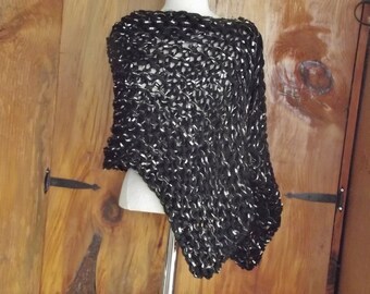 Chunky knit poncho oversized scarf or shoulder wrap in black and silver fits most small medium and large women