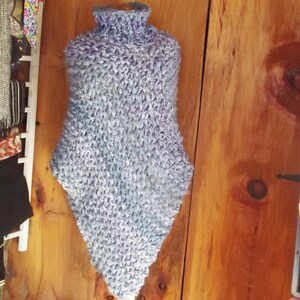 Cowl neck poncho chunky hand knit dropped front & back in blue and violet ombre tweed mix fits most small, medium and large women image 1