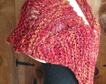 Vest style shoulder wrap scarf for small or medium women or small men in red with  slightly glinty ribbon yarn highlights