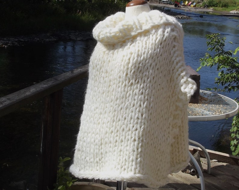 Slouchy poncho crop top in white ultra wide chunky hand knit sweater with cowl neck one size for large extra large women or medium large men