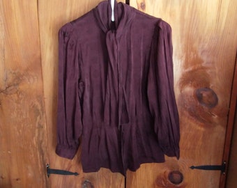 Silk blouse vintage woman's size 8 shirt in plum maroon purple with front tie very good used condition no apparent imperfections