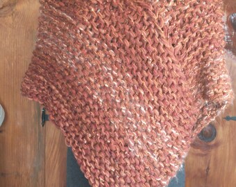 Warm poncho chunky hand knit with cowl neck in coppery brown tweed fits most extra small to extra large women