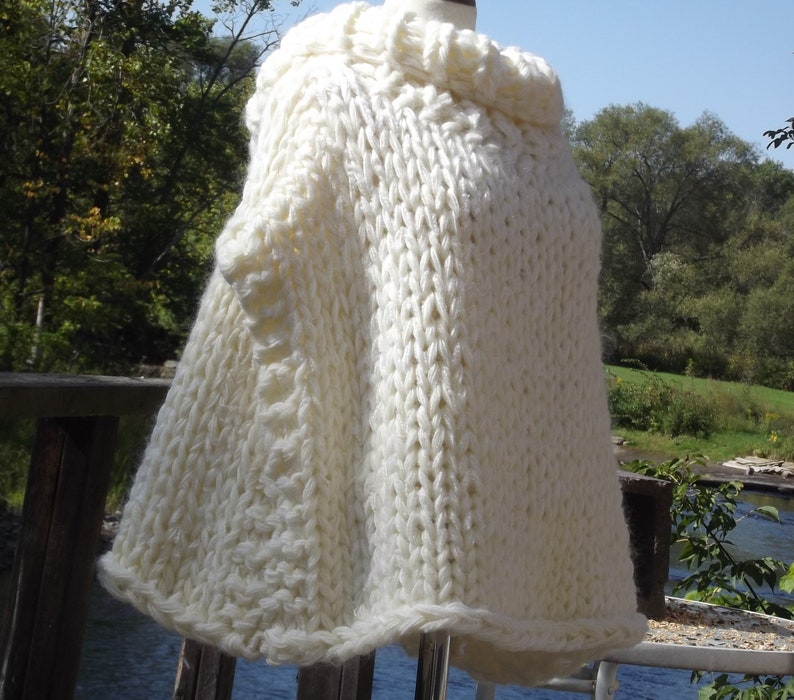 Slouchy poncho crop top in white ultra wide chunky hand knit sweater with cowl neck one size for large extra large women or medium large men