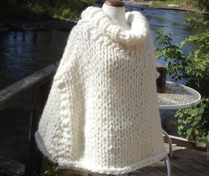 Slouchy poncho crop top in white ultra wide chunky hand knit sweater with cowl neck one size for large extra large women or medium large men