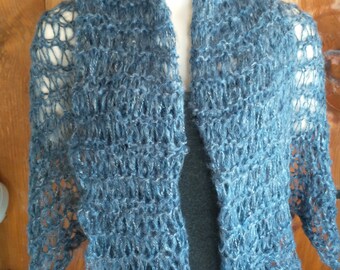 4-way shoulder wrap/scarf/cowl/lightweight cosy throw: lacy hand knit  in indigo super soft faux mohair yarn with random indigo white twist