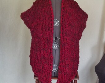 Vest jacket style chunky knit in cranberry tweed with exaggerated dropped fronts for large and extra large women or medium and large men