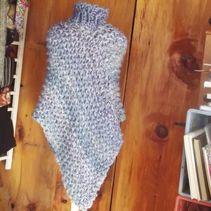 Cowl neck poncho chunky hand knit dropped front & back in blue and violet ombre tweed mix fits most small, medium and large women image 5