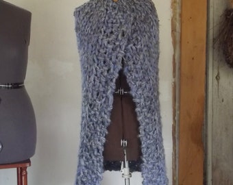 Long asymmetric vest sweater cardigan super chunky knit fits most small medium large women in ombre pale indigo tweed