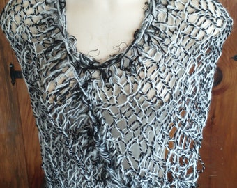 Poncho boho shawl wrap cover up fits most small medium and large women lacy openwork knit black & white with textured highlights