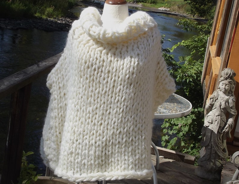 Slouchy poncho crop top in white ultra wide chunky hand knit sweater with cowl neck one size for large extra large women or medium large men