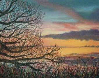 Original soft pastel landscape painting of lake, sky and tree: Black Willow morning by Lynn A'Court