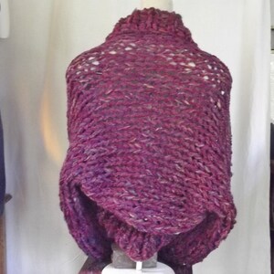 Chunky knit shrug crop cardigan sweater with shawl collar long sleeves fits most medium and large women in dark raspberry red tweed image 6