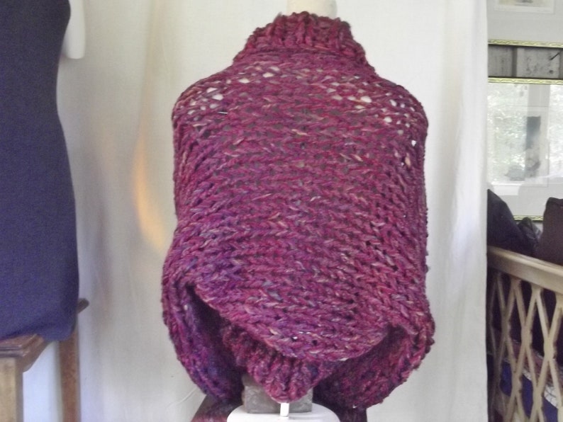 Chunky knit shrug crop cardigan sweater with shawl collar long sleeves fits most medium and large women in dark raspberry red tweed image 6