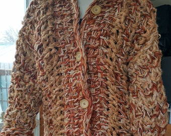 Jacket style sweater chunky knit oversized cardigan for extra large and plus women or large and extra large men in beige brown rust tweed