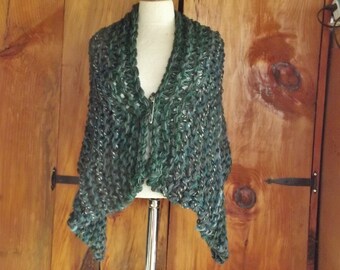 Chunky knit 3 way wrap poncho oversized scarf in green and turquoise tweed fits most small medium and large women