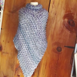 Cowl neck poncho chunky hand knit dropped front & back in blue and violet ombre tweed mix fits most small, medium and large women image 2