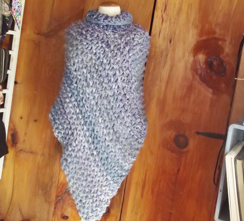 Cowl neck poncho chunky hand knit dropped front & back in blue and violet ombre tweed mix fits most small, medium and large women image 2