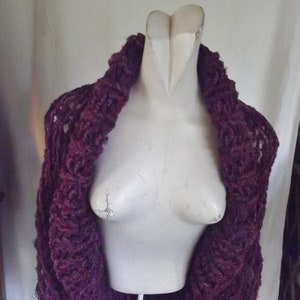 Chunky knit shrug crop cardigan sweater with shawl collar long sleeves fits most medium and large women in dark raspberry red tweed image 5