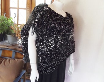 Chunky knit poncho wrap and oversized scarf for large and extra large women in black grey and white tweed with textured accents