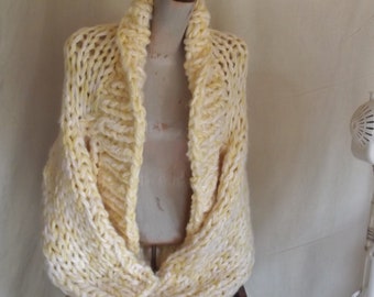 Chunky knit shrug style cardigan sweater yellow and white tweed with shawl collar long sleeves fits most extra small small women