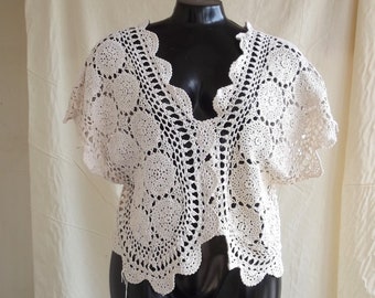 Lacy poncho style crop top one size all cotton for small medium and large women vintage lace fabric collage